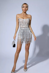Charli Silver Pearl Sequin Tassel Mini Dress
